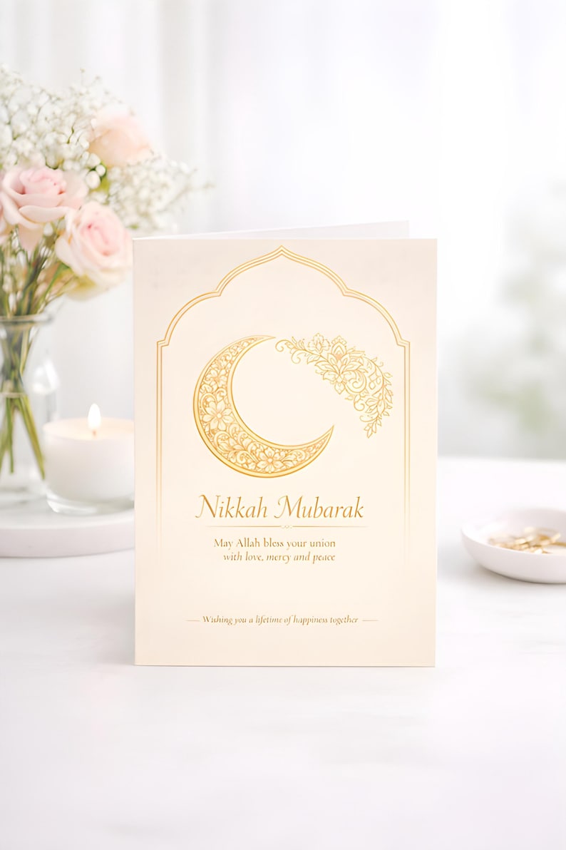 May include: A cream-coloured greeting card with gold foil accents. The card features a crescent moon and floral design, with the words "Nikkah Mubarak" and a blessing. A vase of pink roses and a lit candle are in the background.