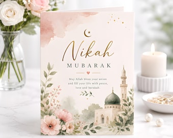 Islamic Wedding Greeting Card, Floral Mosque Watercolor Design, Personalized Nikah Mubarak celebration, whimsical style