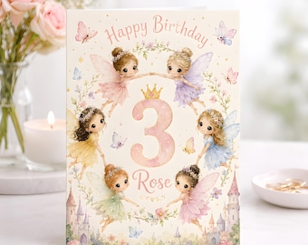 Personalised Fairy Birthday Card, Third Princess Watercolor, Floral Butterfly Keepsake, Gift Personalised Toddler Girl