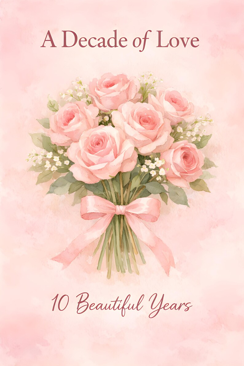 10 Year Anniversary Card, A Decade of Love Watercolor Roses , 10th ...
