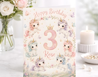 Personalised Unicorn Birthday Card, Third Birthday Gift, Floral Watercolor Princess Theme, Butterfly Keepsake Celebration