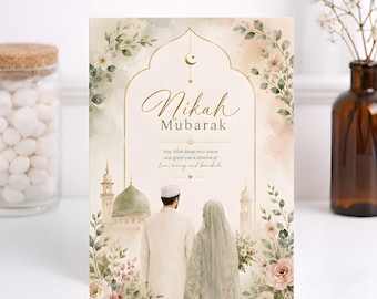 Floral Watercolor Mosque Islamic Wedding Card, Bride Groom Nikah Mubarak Greeting