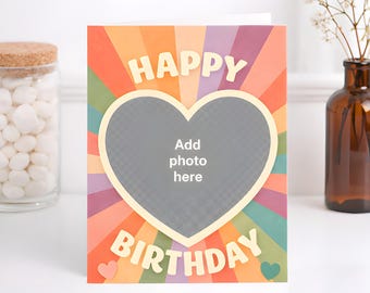 Personalised Photo Birthday Card, Heart Photo Insert, Retro Rainbow Sunburst, Pastel Keepsake Gift