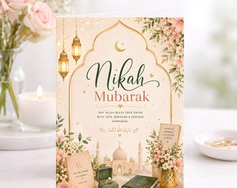 Personalised Islamic Wedding Greeting Card, Floral Gold Mosque Keepsake, Couple Gift Personalised Muslim Marriage