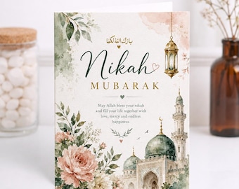 Personalised Islamic Marriage Greeting Card, Watercolor Floral Mosque Design, Muslim Wedding Keepsake Gift Personalized