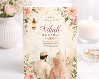 Personalised Muslim Wedding Greeting Card, Floral Watercolor Mosque Couple, Wedding Keepsake Gift Celebration Bride