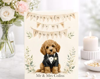 Personalised Wedding Card, Dog Parents Congratulations Card, Watercolor Puppy Tuxedo Keepsake, Engagement Bridal Gift