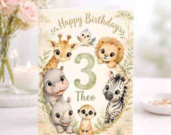 Personalised Safari Birthday Card, Jungle Animals Third Celebration, Watercolor Keepsake Card, Toddler Gift