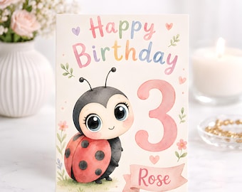 Ladybug Third Birthday, Personalized Age Three Card, Ladybug Girl Party, Keepsake Watercolor Floral Gift