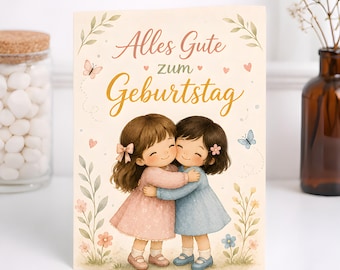 Birthday Greeting Card, Watercolor Girls Hugging, Floral Butterfly Birthday, Personalized Daughter Friend Gift Keepsake