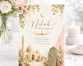 Islamic Wedding Greeting Card, Floral Mosque Watercolor Personalised, Marriage Congratulations Gift, Muslim Keepsake Card