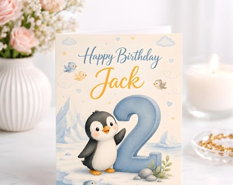 Personalized Penguin Second Birthday Card, Toddler Celebration, Watercolor Winter Animal Keepsake, Personalised Gift Design
