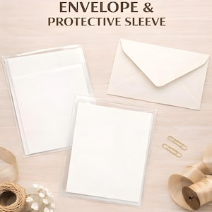 May include: A top-down view of white stationery, including envelopes and cards, presented in clear plastic sleeves. The image features the text "Comes With ENVELOPE & PROTECTIVE SLEEVE". Additional text reads "Includes a Premium Envelope" and "Clear Plastic Sleeve for Protection."