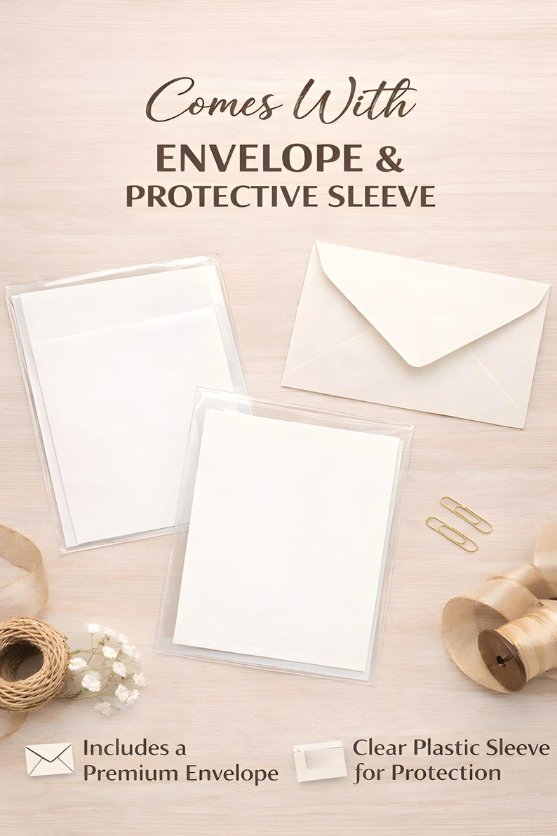 May include: A top-down view of white stationery, including envelopes and cards, presented in clear plastic sleeves. The image features the text "Comes With ENVELOPE & PROTECTIVE SLEEVE". Additional text reads "Includes a Premium Envelope" and "Clear Plastic Sleeve for Protection."