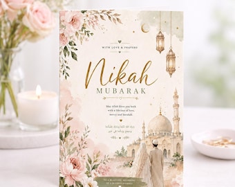 Personalised Islamic Nikah Mubarak Card, Floral Mosque Couple Gift, Muslim Wedding Congratulations