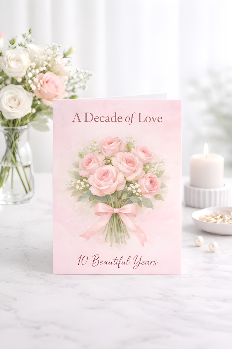 10 Year Anniversary Card, A Decade of Love Watercolor Roses , 10th ...