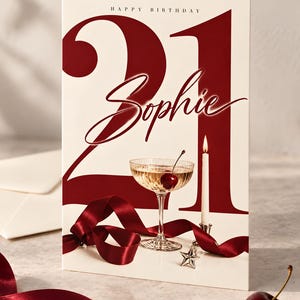Personalised 21st Birthday Card, Custom Name & Age, Burgundy Cocktail Card for Her