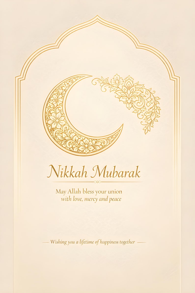 May include: A cream-coloured card with gold decorative elements. The design includes a crescent moon and floral accents. The text "Nikkah Mubarak" is displayed, along with a blessing and well wishes.