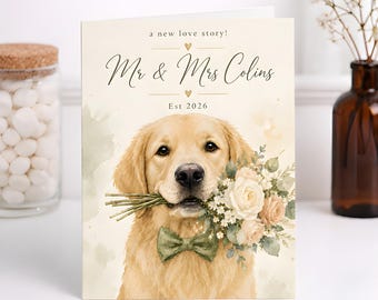 Personalised Golden Retriever Wedding Card, Dog Lover Engagement Card, Floral Puppy Anniversary Greeting Keepsake