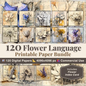 120 fogli stampabili con il linguaggio dei fiori / Confezione di carta per album 12"x12" / Schizzi a matita vintage / Giornali strappati / Kit di diario floreale digitale