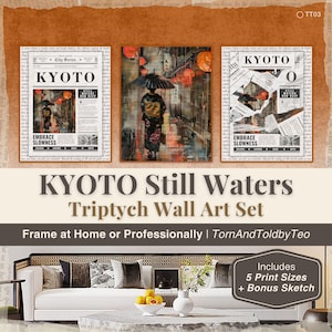 Kyoto Still Waters – Trittico da parete stampabile / Set di arte urbana giapponese / Collage di giornali strappati / Download digitale / TornAndToldbyTeo