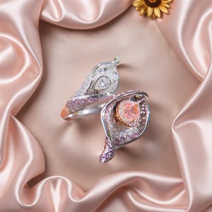Calla Lily Ring – Fancy Pink Diamond Center with Pave Pink & White CZ Petals, Floral Statement Jewelry