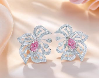 Pendientes de flor de diamante rosa: corte pera, detalles baguette, oro macizo o platino