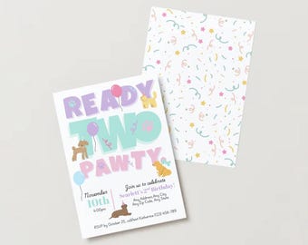 Op de afbeelding: Een uitnodiging voor een feestje met de tekst "READY TWO PAWTY" in paars en teal, met cartoonhonden en ballonnen. De uitnodiging bevat feestdetails, met een confetti-patroon op de achterkant.