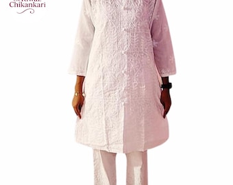 Conjunto Chikankari Kurti blanco / Lucknow bordado algodón Kurta