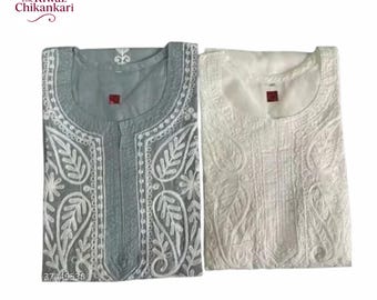 Handmade Cotton Chikankari Kurti | White & Grey Indian Tunic