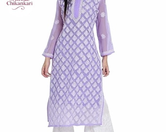 Handmade Purple Chikankari Kurti | Lucknowi Embroidered Georgette Dress