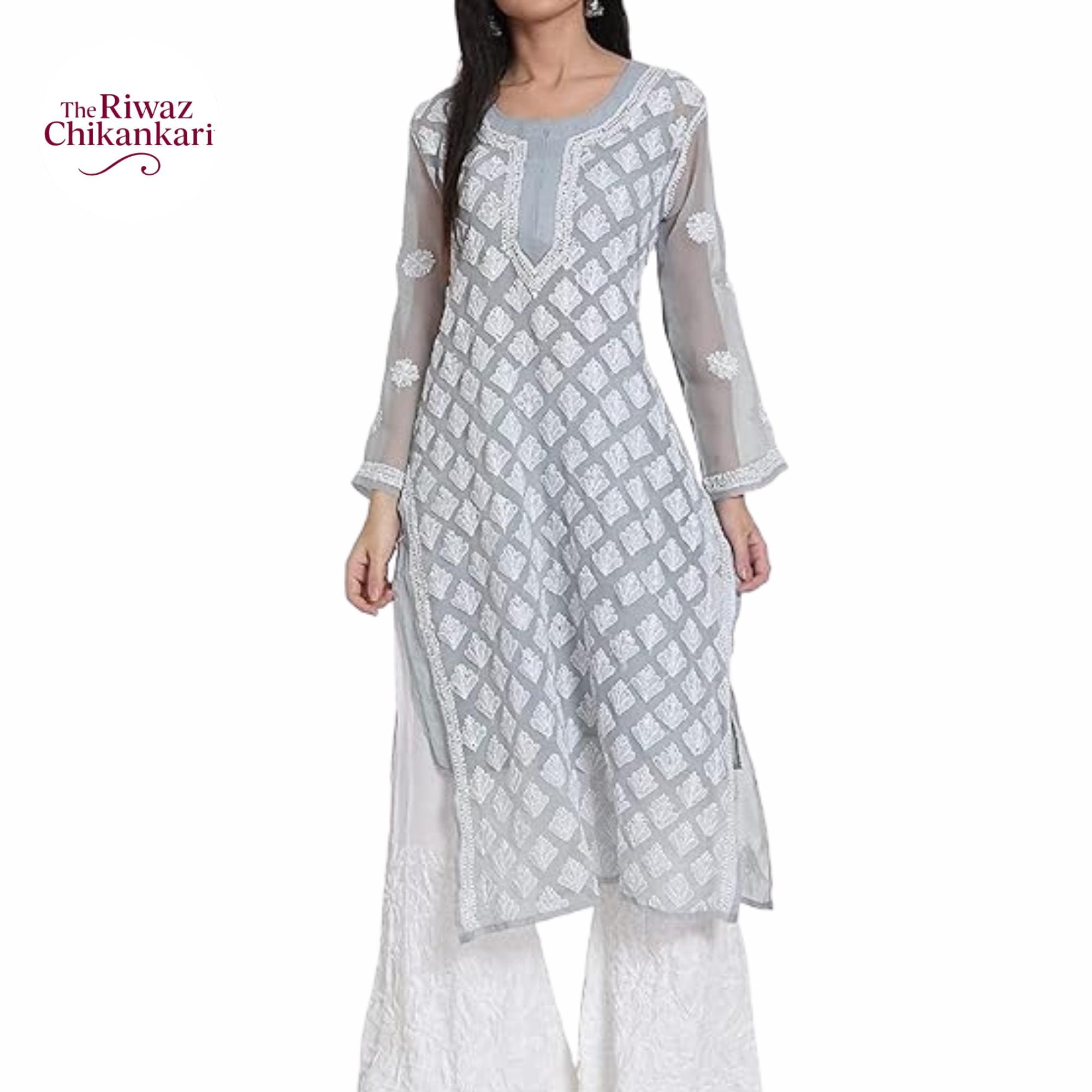 slim fit dress slacks Grey & White Ethnic Motifs Embroidered V-Neck Chikankari Detailed Empire  Midi Ethnic Dress
