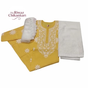 Handmade Cotton Yellow Chikankari Kurti | Embroidery work Kurta with Salwar | Indian Wear Kurti Set for Women | Summer Tunic Salwar Kameez