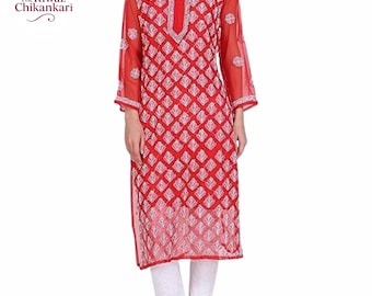 Red Georgette Chikankari Kurti | Lucknowi Embroidered Dress