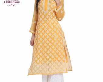Yellow Chikankari Kurti | Lucknowi Embroidered Georgette Dress with Inner