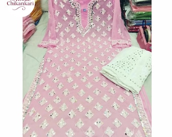 Chikankari Kurti rosa, trabajo de espejo bordado a mano, Lucknowi Kurta