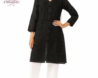 Black Chikankari Kurti Set | Handmade Cotton Embroidered Kurta