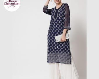 Women Blue Chikankari Georgette Kurta For Women, Hand Embroidered Chikankari Kurti Sharara Set with matching slip (Tariff Free)