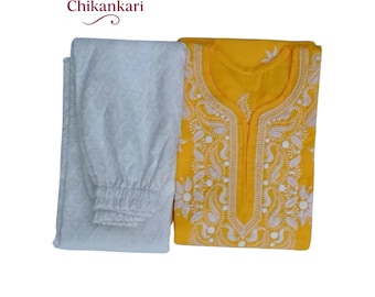 Yellow Chikankari Cotton Kurti Set | Embroidered Indian Dress