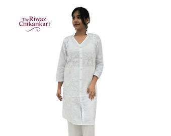 Conjunto Chikankari Kurti blanco hecho a mano / Vestido de algodón bordado Lucknow