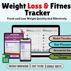 Weight Loss & Fitness Tracker Spreadsheet for Google Sheets, Meal Planner, Calorie Tracker, Digital Workout Planner, Body Measurement Chart