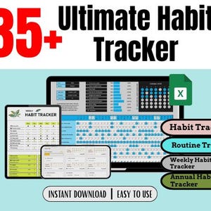 35+ Ultimate Habit Tracker, Google Sheets, Monthly Habit Tracker, Routine Tracker, Habit Planner, Weekly Habit Tracker, Annual Habit Tracker