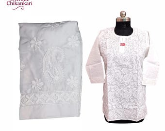 Handmade White Cotton Chikankari Kurti Set | Lucknow Embroidery