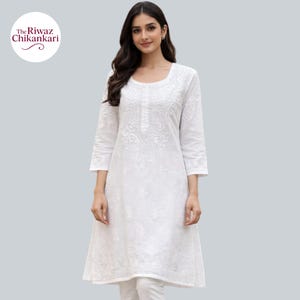 TheRiwazChikankari / Conjunto de Kurti de algodón Chikankari blanco para mujer / Conjunto de Kurta de algodón blanco bordado para niñas / Vestido étnico blanco para fiestas imagen 1
