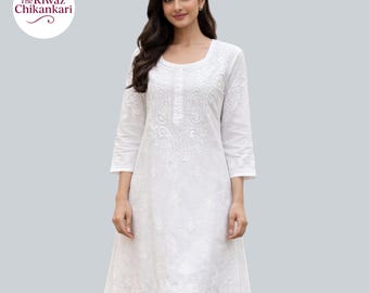 TheRiwazChikankari |Weißes Chikankari Cotton Kurti Set für Frauen | Weiß Stickerei Baumwolle Kurta Set für Mädchen | Ethnische Weiß Party Wear Kleid