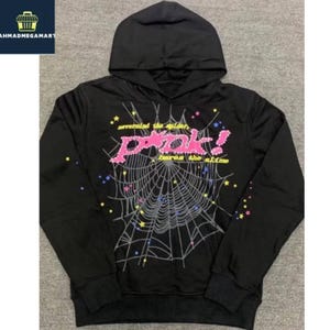 Black Hoodie with Spider Web Graphic and Colorful Print | Unisex Streetwear Pullover for Men and Women