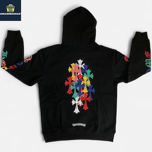 Unisex Black  Hoodie with Colorful Gothic Crosses – Streetwear Pullover Hoodie