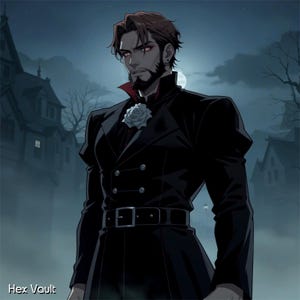 Puede incluir: Ilustración de una persona con un abrigo negro de doble botonadura con una rosa blanca en la solapa. La persona tiene cabello oscuro y barba, con ojos rojos. El fondo muestra una escena nocturna espeluznante con luna llena y una casa embrujada. El texto "Hex Vault" está en la esquina inferior izquierda.