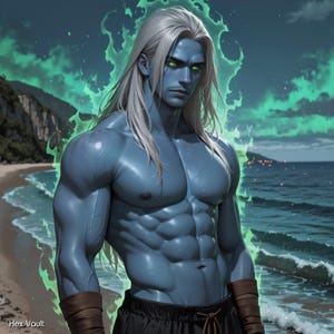 Op de afbeelding: Een gespierde, blauwhuidige figuur met lang, wit haar en gloeiende groene ogen staat op een strand. De figuur draagt een zwarte korte broek en bruine polsbandjes. Groene, etherische energie omringt de figuur, met een strand en oceaan op de achtergrond.