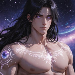 Könnte beinhalten: Eine digitale Illustration einer Person mit langem schwarzem Haar und leuchtend violetten Augen, mit komplizierten weißen Linientattoos auf Brust und Schultern. Der Hintergrund zeigt einen kosmischen Nebel mit Sternen und einem Planeten. Text: Hex Vault.